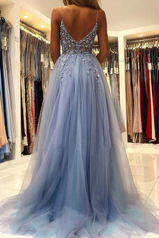 Tulle Blue Beading Princess Prom Dress