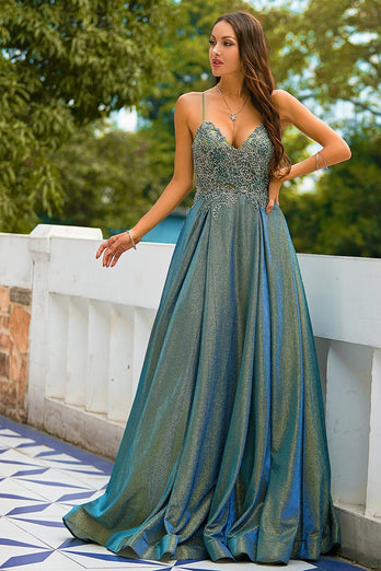 Dark Grey Glitter Spaghetti Straps Long Prom Dress