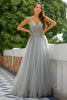 Load image into Gallery viewer, Grey V Neck Beaded Long Prom Dress