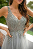 Load image into Gallery viewer, Grey V Neck Beaded Long Prom Dress