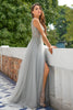 Load image into Gallery viewer, Grey V Neck Beaded Long Prom Dress