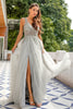 Load image into Gallery viewer, Grey V Neck Beaded Long Prom Dress