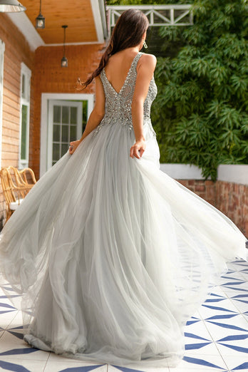 Grey V Neck Beaded Long Prom Dress