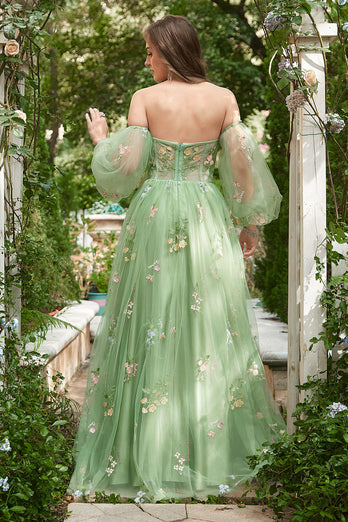 Off The Shoulder Green A-Line Prom Dress with Long Sleeves