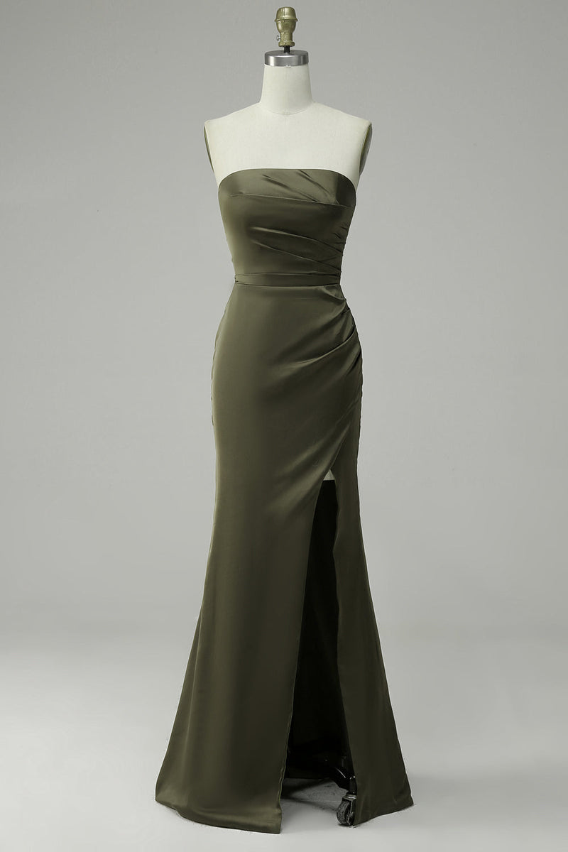 Load image into Gallery viewer, Green Strapless Satin Prom Dress with Slit