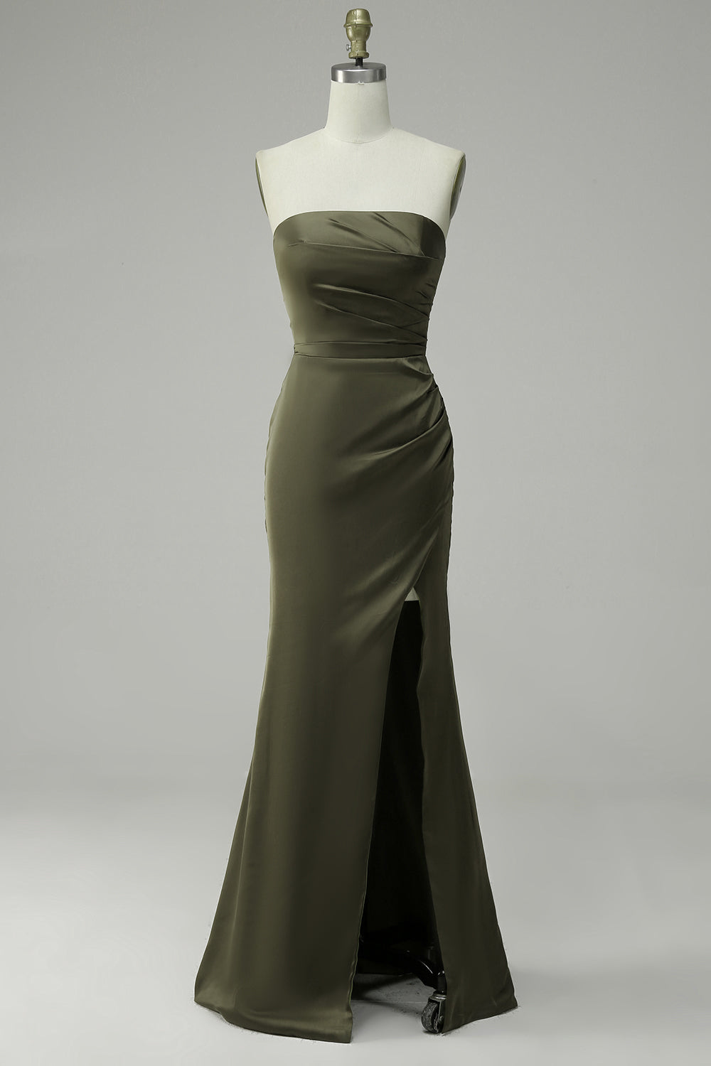 Green Strapless Satin Prom Dress with Slit