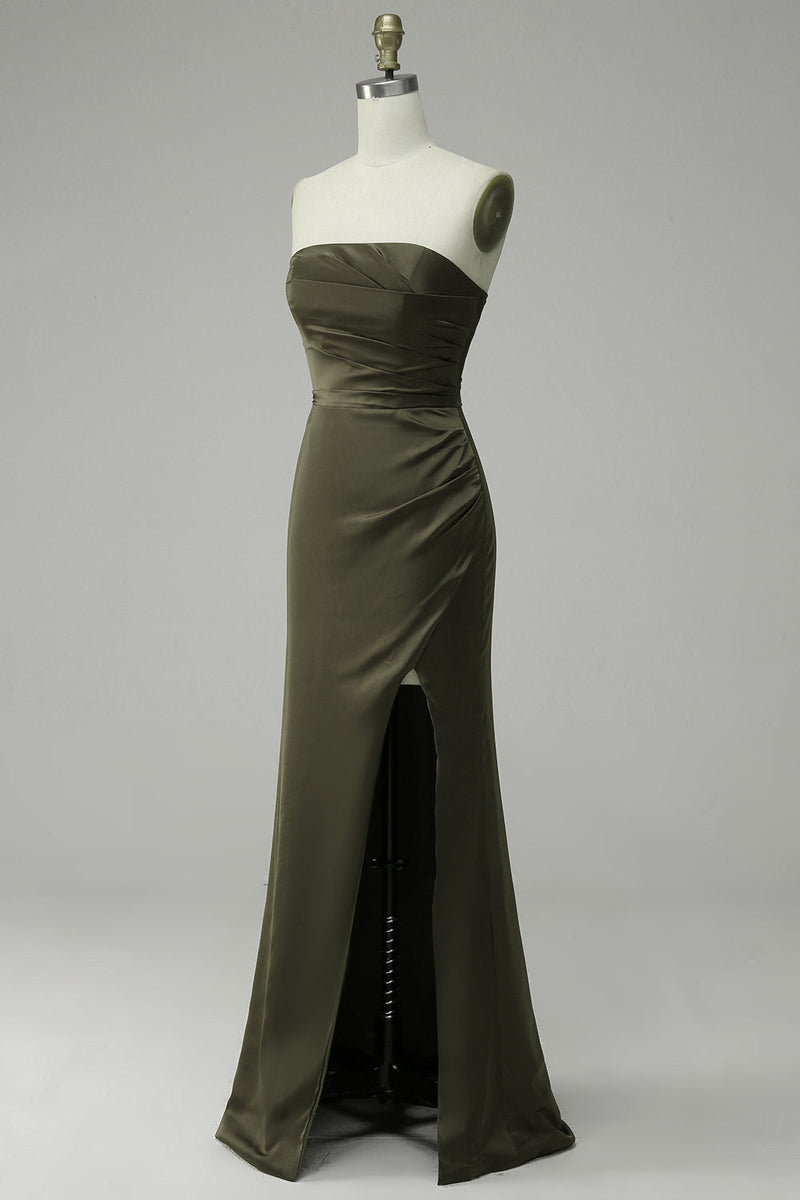 Load image into Gallery viewer, Green Strapless Satin Prom Dress with Slit