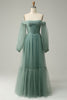 Load image into Gallery viewer, Off The Shoulder Grey Green A-Line Tull Prom Dress With Long Sleeves