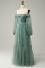 Load image into Gallery viewer, Off The Shoulder Grey Green A-Line Tull Prom Dress With Long Sleeves