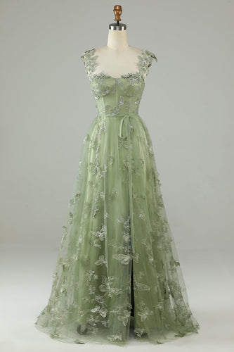 Tulle Corset Long Green Prom Dress with 3D Butterflies