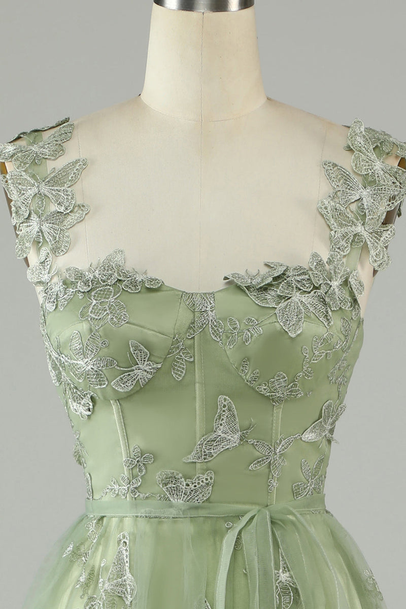 Load image into Gallery viewer, Tulle Corset Long Green Prom Dress with 3D Butterflies