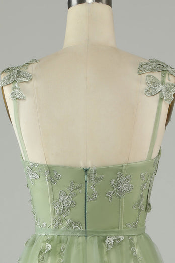 Tulle Corset Long Green Prom Dress with 3D Butterflies