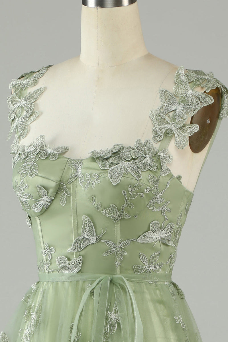 Load image into Gallery viewer, Tulle Corset Long Green Prom Dress with 3D Butterflies