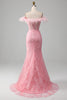 Load image into Gallery viewer, Mermaid Off the Shoulder Sparkly Pink Feathers Corset Prom Dress With Slit