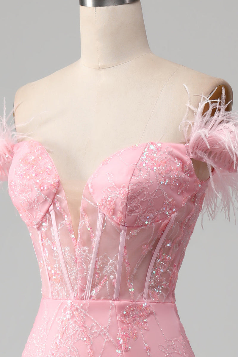 Load image into Gallery viewer, Mermaid Off the Shoulder Sparkly Pink Feathers Corset Prom Dress With Slit