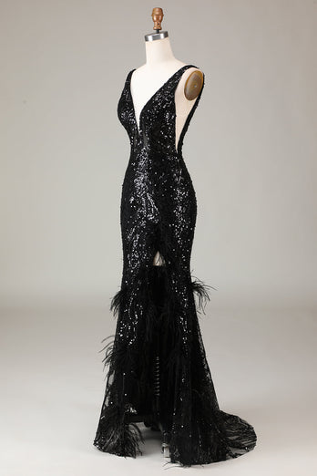 Black Sparkly Depp V-neck Mermaid Prom Dress with Feathers