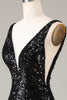 Load image into Gallery viewer, Black Sparkly Depp V-neck Mermaid Prom Dress with Feathers