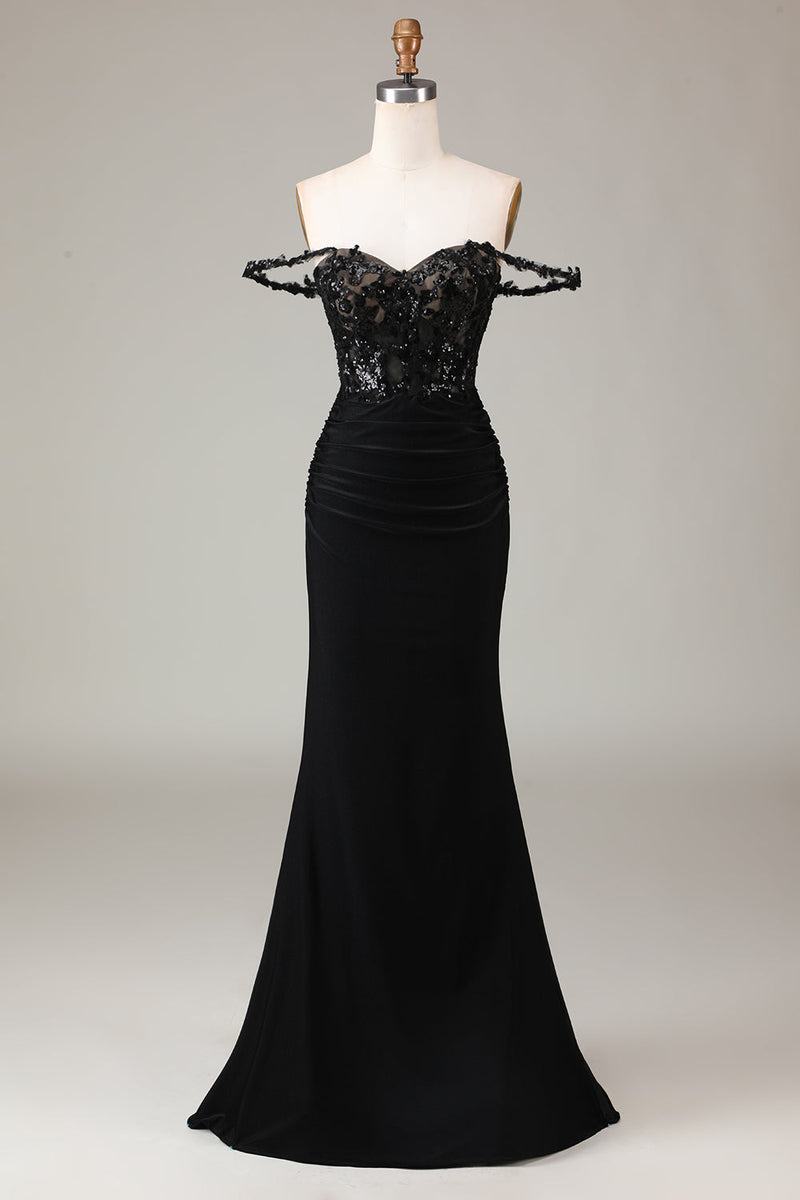 Load image into Gallery viewer, Off the Shoulder Black Sparkly Mermaid Prom Dress