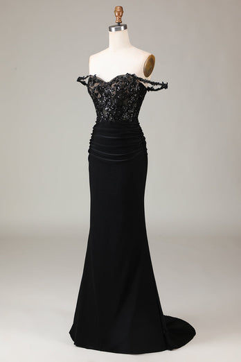 Off the Shoulder Black Sparkly Mermaid Prom Dress