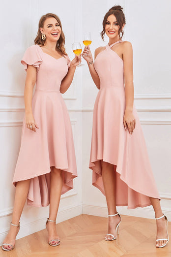 Pink A Line Halter High Low Homecoming Dress