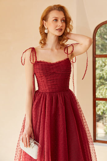 Spaghetti Straps Red Polka Dots Midi Prom Dress