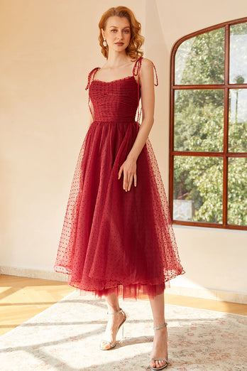 Spaghetti Straps Red Polka Dots Midi Prom Dress