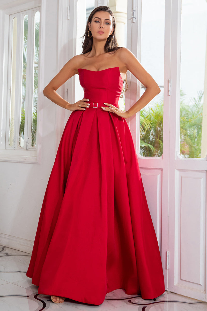 Load image into Gallery viewer, A Line Strapless Red Long Prom Dress with Split Front