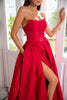 Load image into Gallery viewer, A Line Strapless Red Long Prom Dress with Split Front