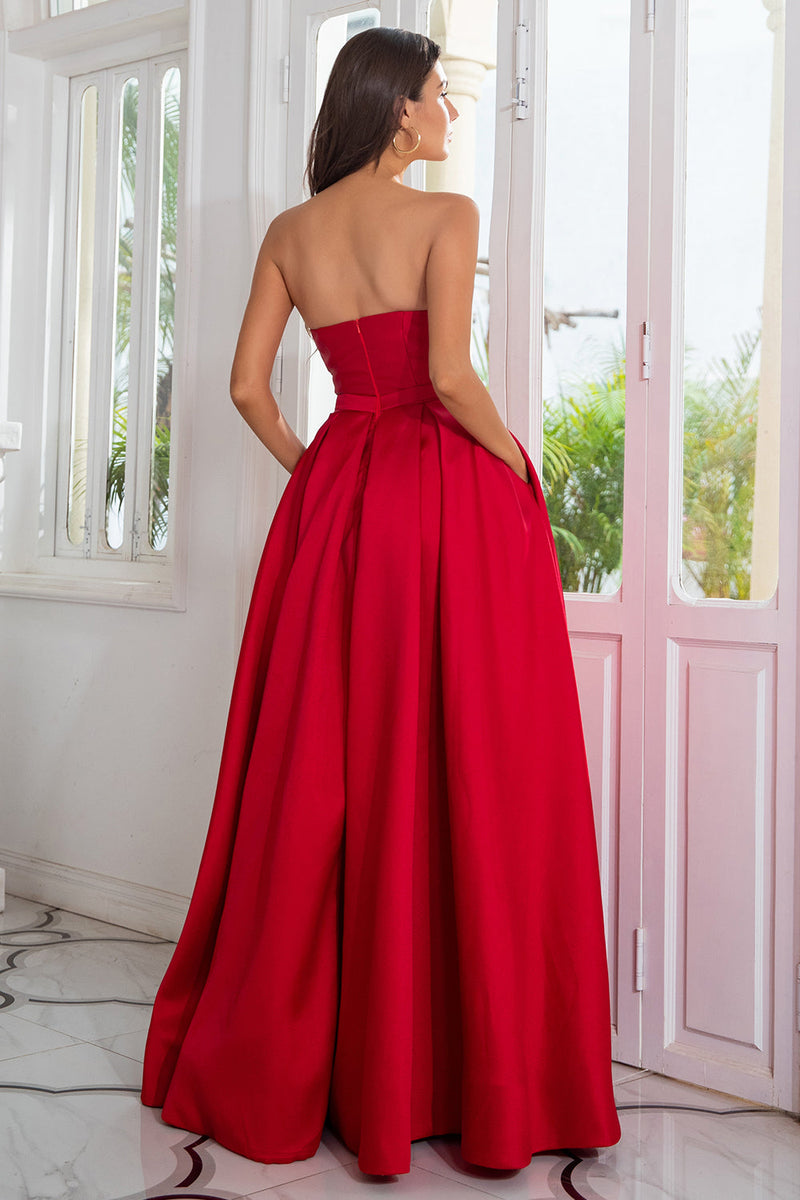 Load image into Gallery viewer, A Line Strapless Red Long Prom Dress with Split Front