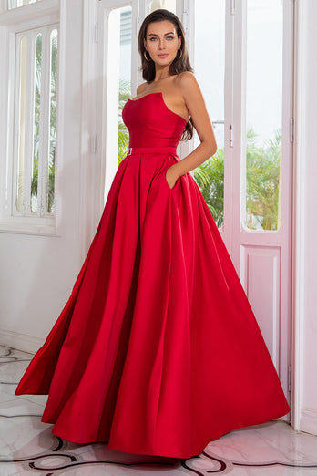 A Line Strapless Red Long Prom Dress with Split Front