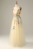 Load image into Gallery viewer, Champagne A Line Tulle Prom Dress with Appliques