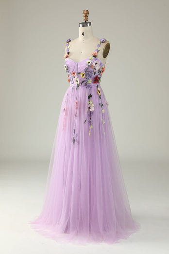 Purple A Line Tulle Prom Dress with Appliques
