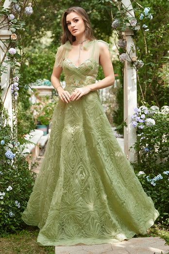 A-Line Light Green Tulle Prom Dress With Embroidery