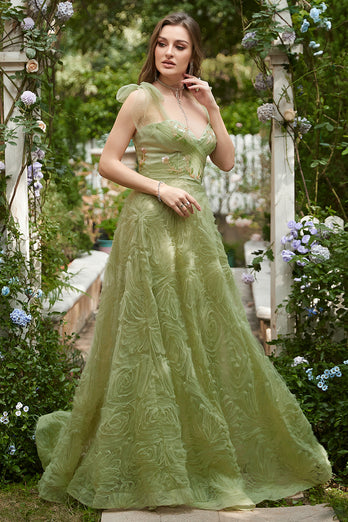 A-Line Light Green Tulle Prom Dress With Embroidery