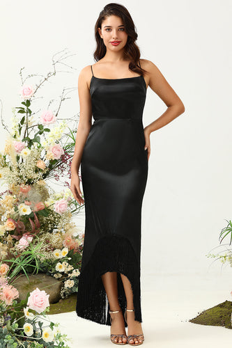 Sheath Spaghetti Straps Black Tea Length Prom Dress with Bowknot