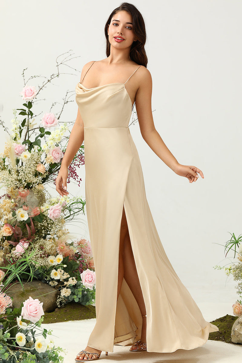 Load image into Gallery viewer, Spaghetti Straps Champagne Wedding Guest Dress with Slit