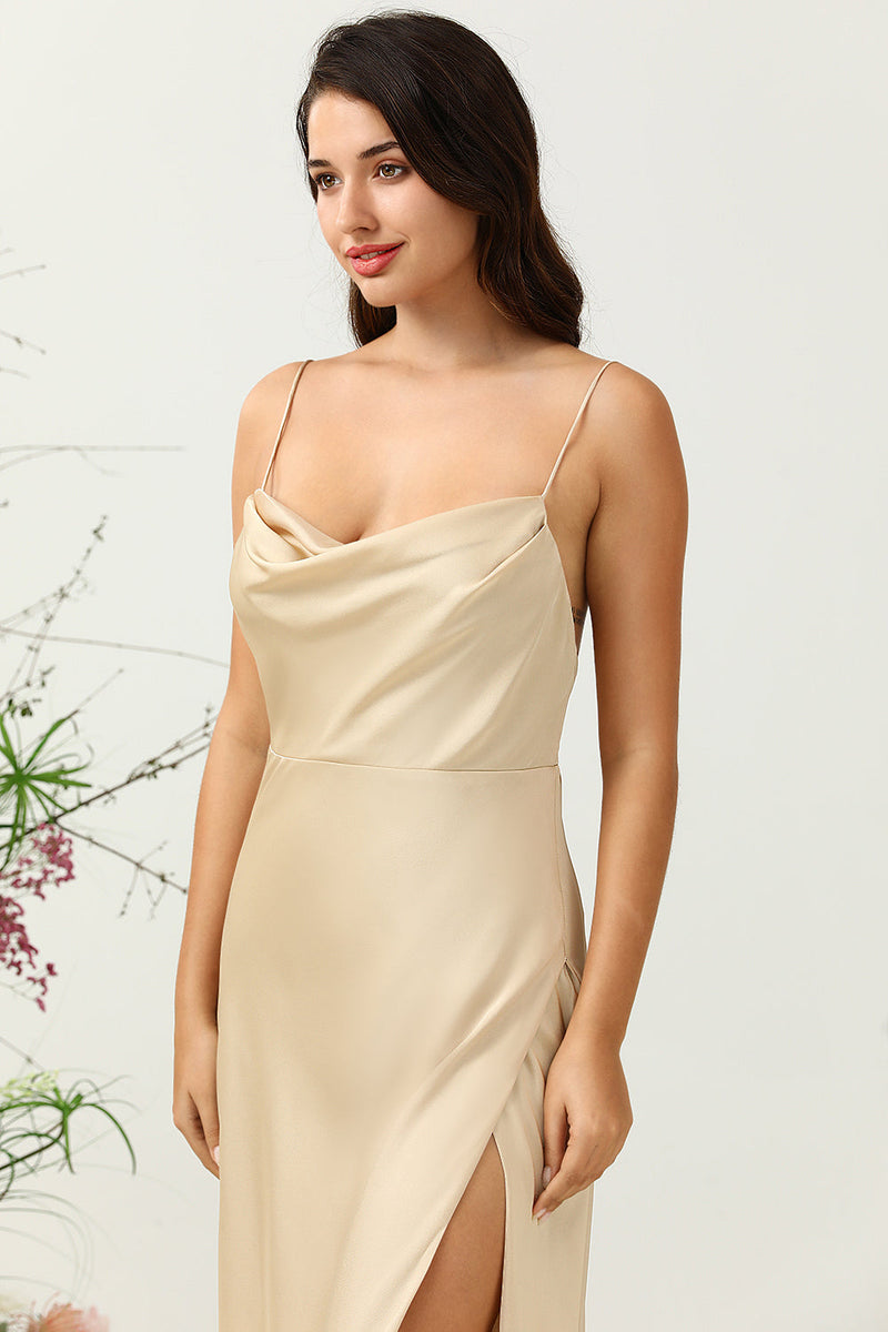 Load image into Gallery viewer, Spaghetti Straps Champagne Wedding Guest Dress with Slit