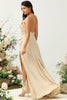 Load image into Gallery viewer, Spaghetti Straps Champagne Wedding Guest Dress with Slit