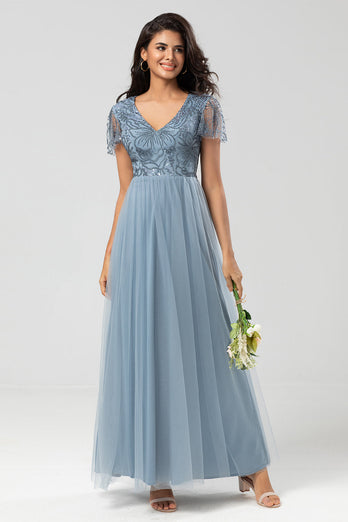 A Line V Neck Dusty Blue Long Bridesmaid Dress with Beading