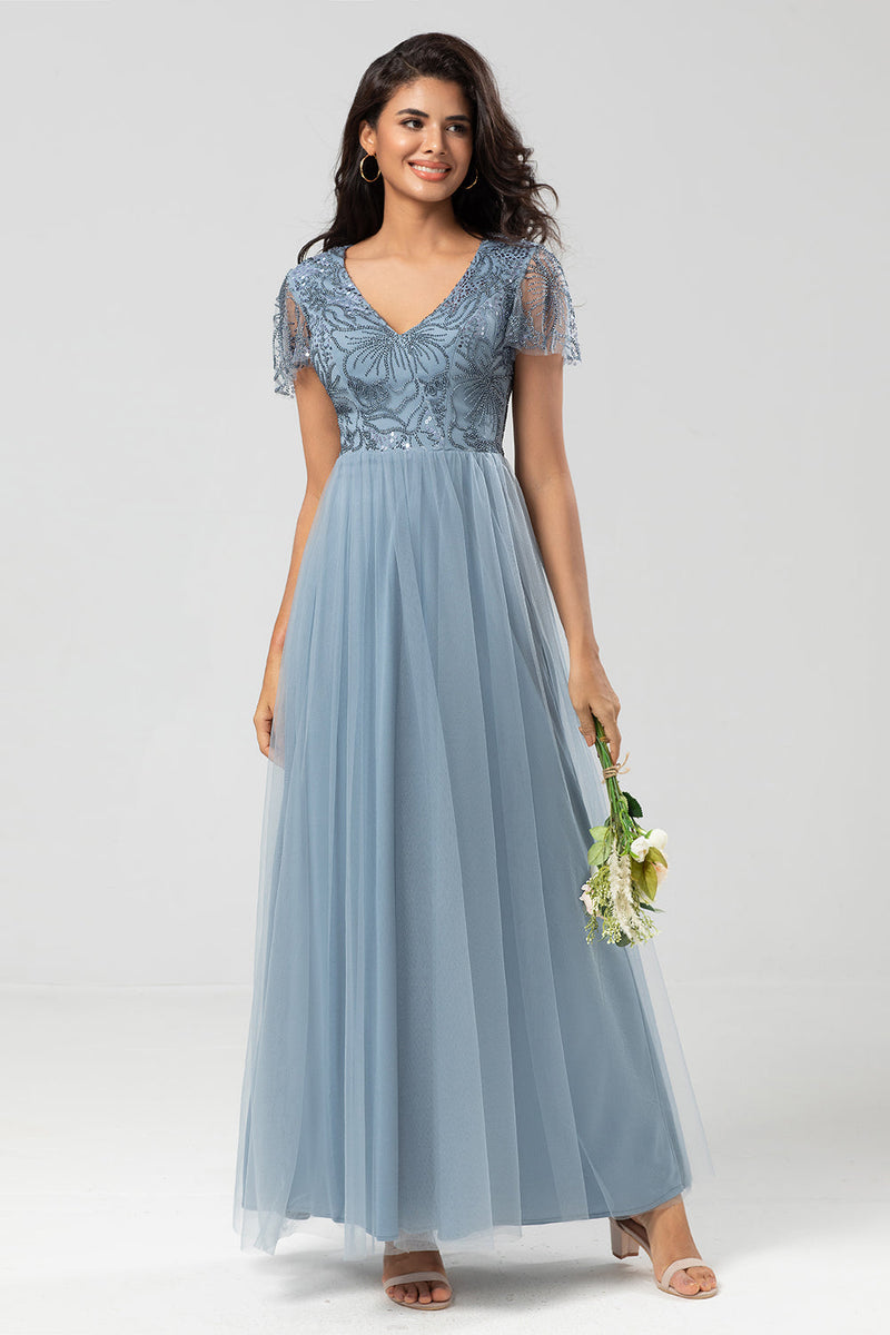 Load image into Gallery viewer, A Line V Neck Dusty Blue Long Bridesmaid Dress with Beading