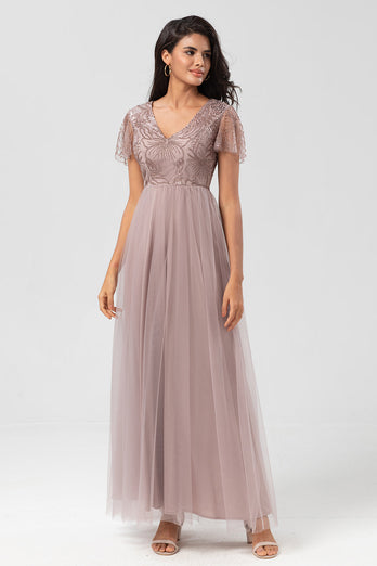 A Line V Neck Dusty Blue Long Bridesmaid Dress with Beading