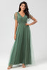 Load image into Gallery viewer, A-Line V Neck Eucalyptus Long Bridesmaid Dress with Beading