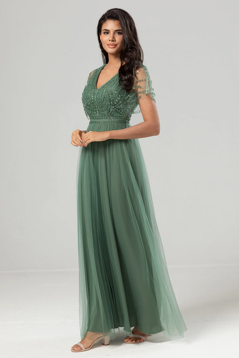 Load image into Gallery viewer, A-Line V Neck Eucalyptus Long Bridesmaid Dress with Beading