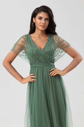 A-Line V Neck Eucalyptus Long Bridesmaid Dress with Beading