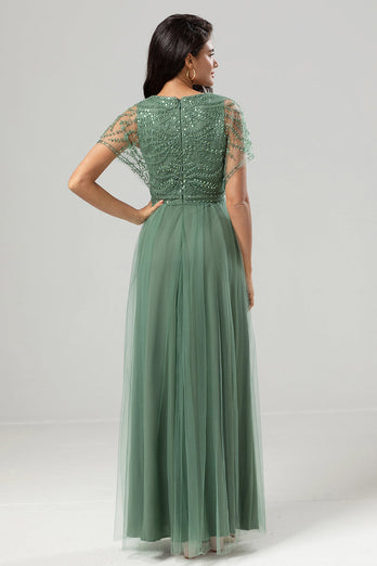 A-Line V Neck Eucalyptus Long Bridesmaid Dress with Beading