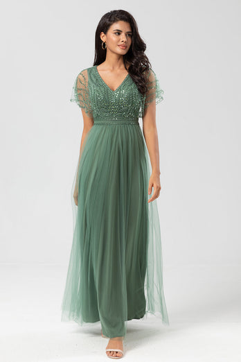 A-Line V Neck Eucalyptus Long Bridesmaid Dress with Beading