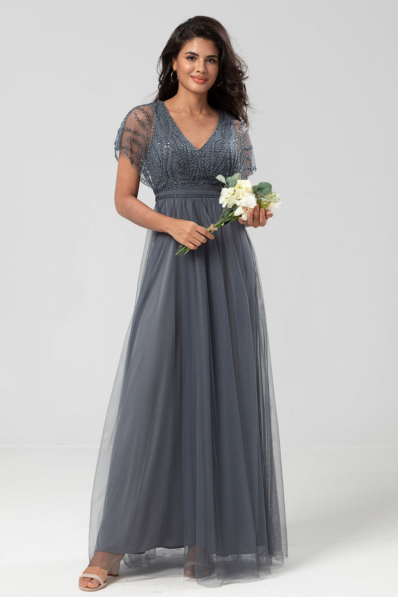 Load image into Gallery viewer, A-Line V Neck Eucalyptus Long Bridesmaid Dress with Beading