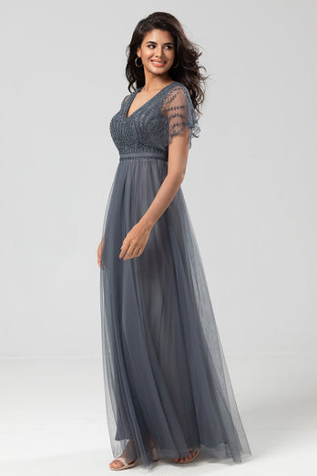 A-Line V Neck Eucalyptus Long Bridesmaid Dress with Beading