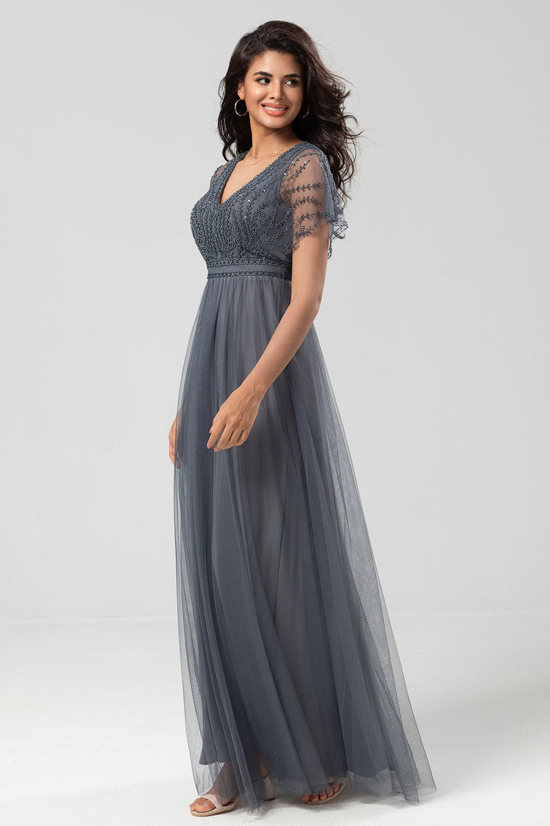 Load image into Gallery viewer, A-Line V Neck Eucalyptus Long Bridesmaid Dress with Beading