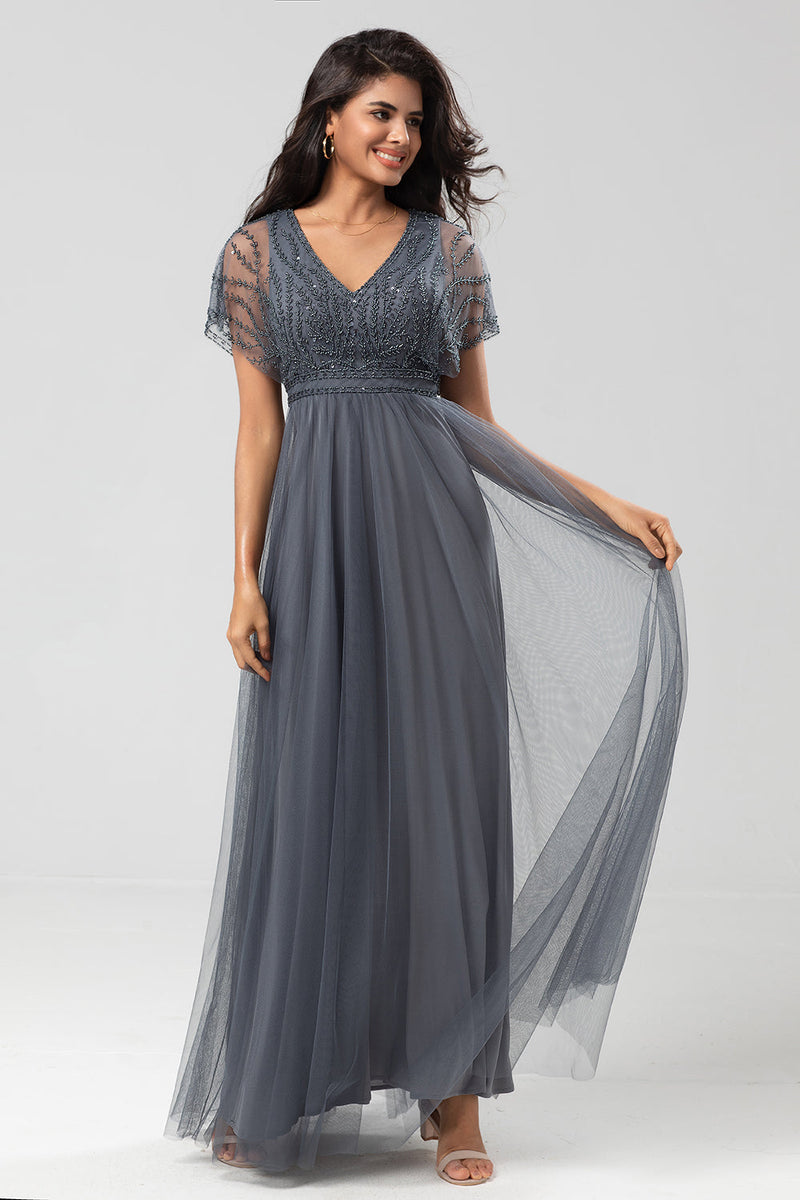 Load image into Gallery viewer, A-Line V Neck Eucalyptus Long Bridesmaid Dress with Beading